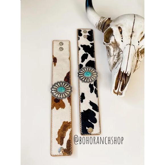 Cowhide Concho Bracelets Hair On Cowhide Genuine Leather Brown Grey Speckle - Picture 9 of 11